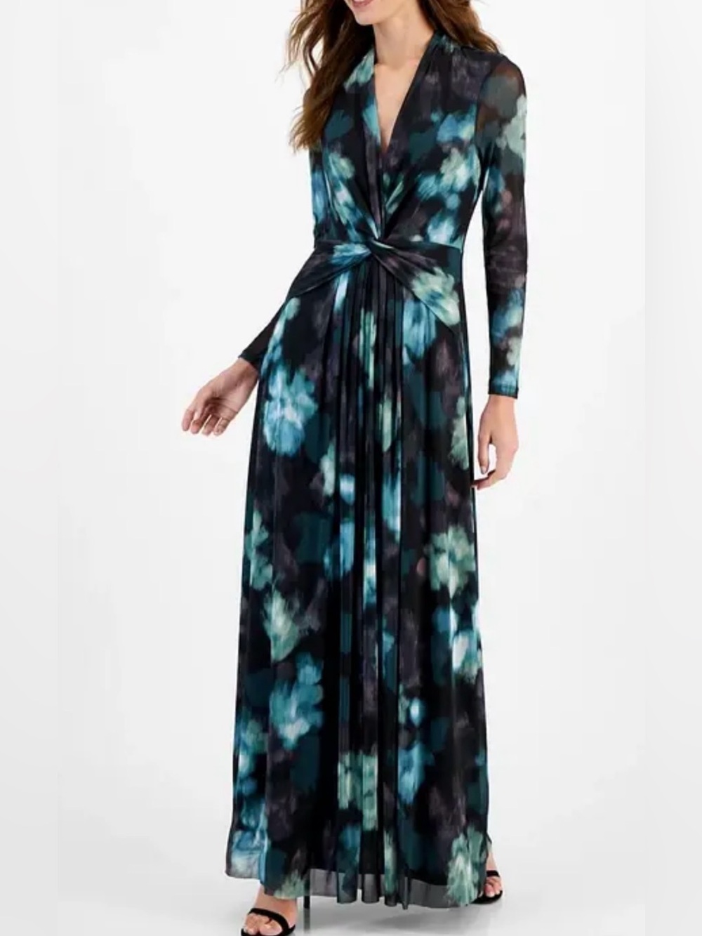 Anne Klein Abstract Print Twist Front Long Sleeve Mesh Maxi Dress